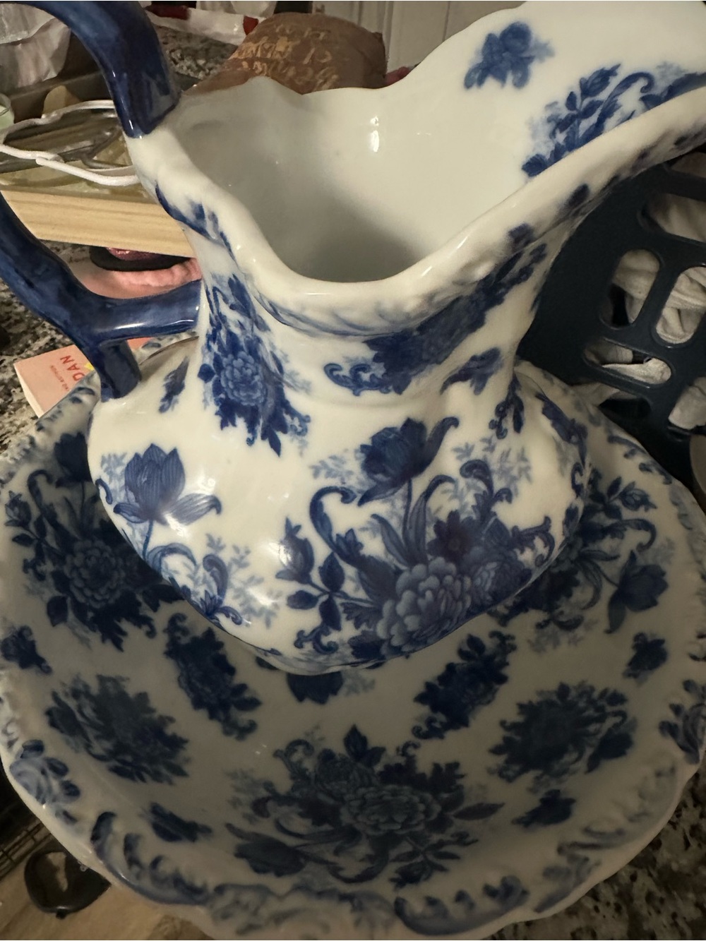 Source Unknown Blue and White Floral Pitcher & Basin